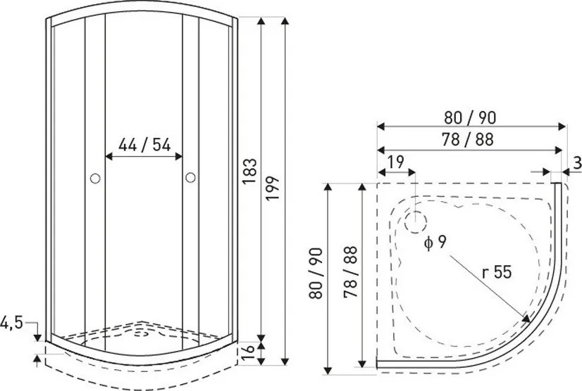 Cabină de duș curbată Pixel White 80 fără cădiță de duș
