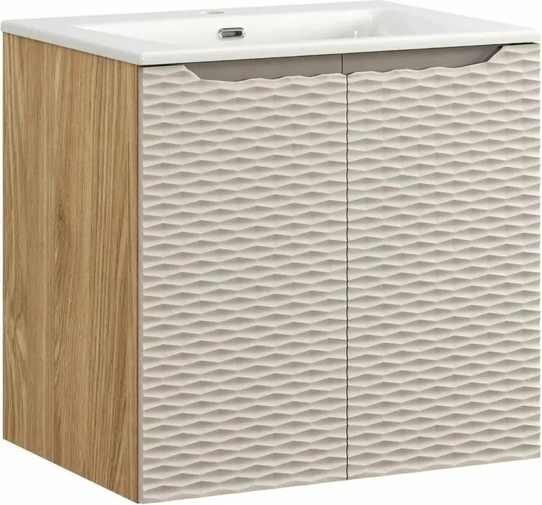 Set dulap baza suspendat 60 cm cu lavoar Comad Ocean bej si stejar uleiat