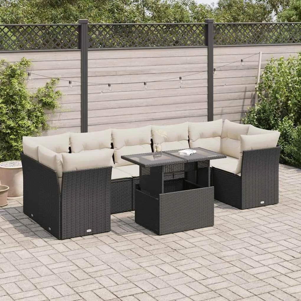 3326117 vidaXL Set mobilier de grădină cu perne, 8 piese, negru, poliratan