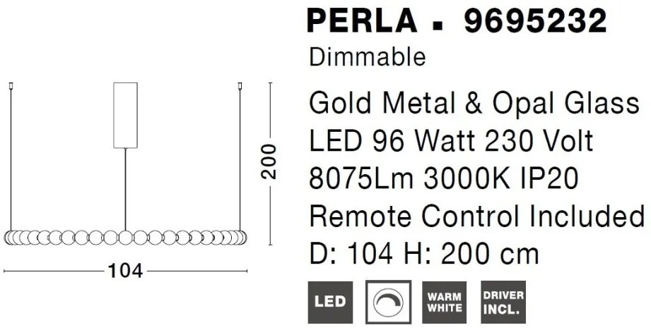 Lustra LED suspendata, dimabila, deosebita design lux PERLA opal, auriu 104cm