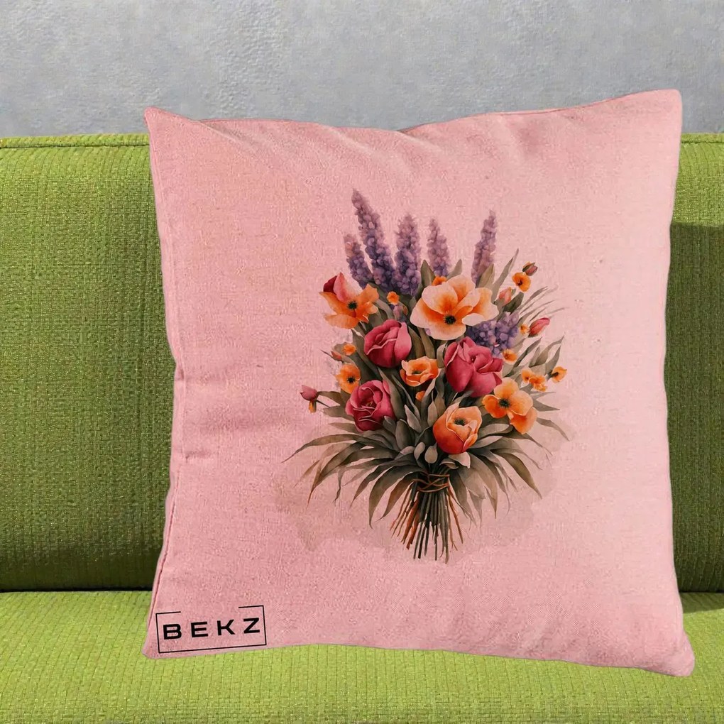 Perna Decorativa Buchet Mixt Acuarela Lavanda-Trandafiri, 40x40 cm, Roz, Husa Detasabila, Perna Inclusa, BEKZ®
