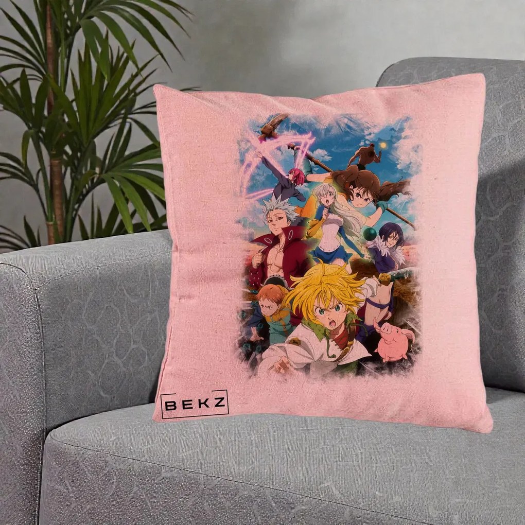 Perna Personalizata Nanatsu no Taizai Cele Sapte Pacate Mortale Anime, 40x40 cm, Roz, Husa Detasabila, Perna Inclusa, BEKZ®