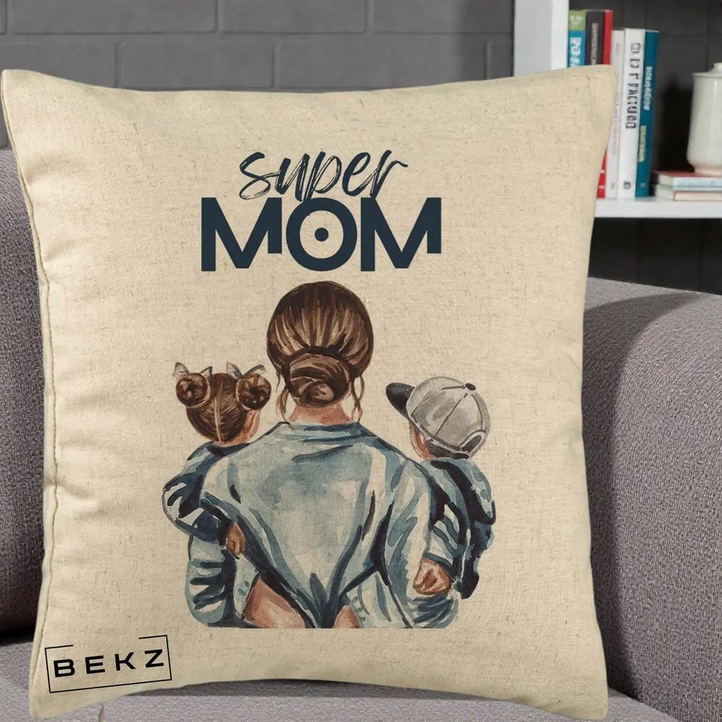 Cadou pentru Mama - Perna Personalizata Super Mom, 40x40 cm, Bej, Husa Detasabila, Perna Inclusa, BEKZ®
