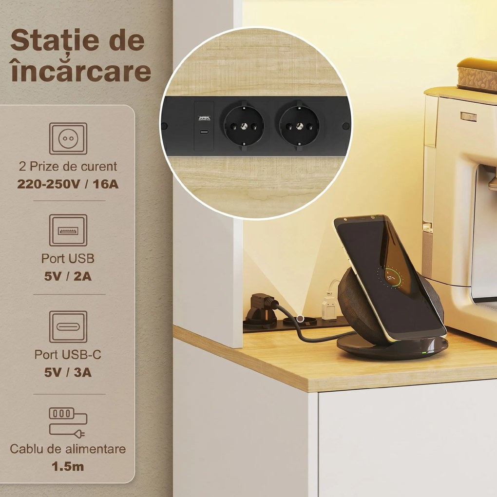 HOMCOM Credență Modernă cu Lumini, Prize USB, 2 Dulapuri și Sertar Alb | Aosom Romania
