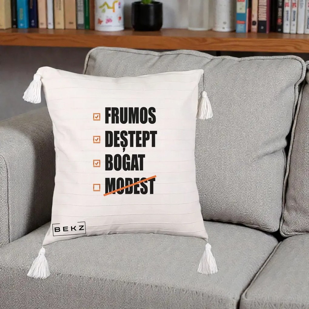 Perna Decorativa Frumos Destept Bogat, 40x40 cm, Bej cu Franjuri, Husa Detasabila, Perna Inclusa, BEKZ®
