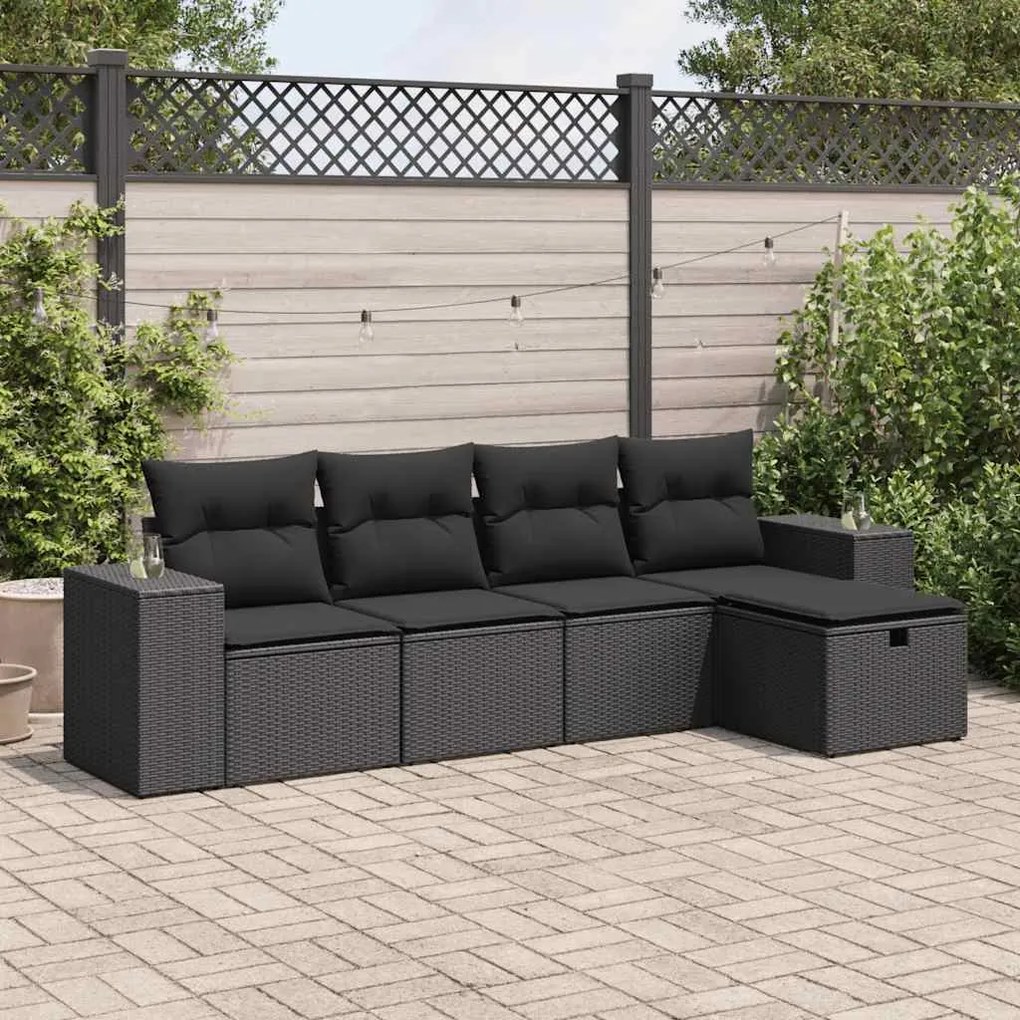 3325661 vidaXL Set mobilier de grădină cu perne, 5 piese, negru, poliratan