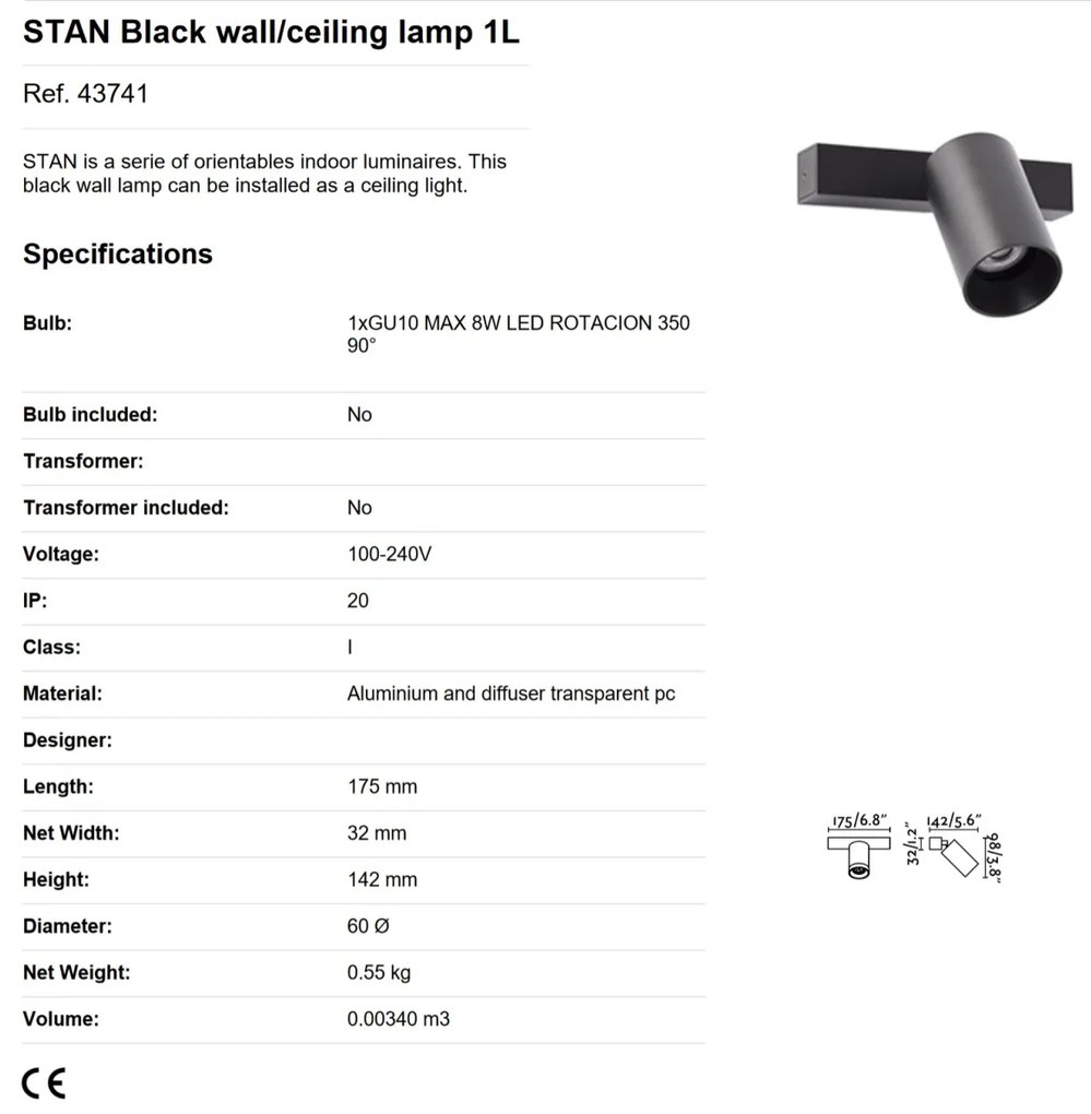 Aplica perete / tavan cu spot directionabil design modern STAN 1L neagra