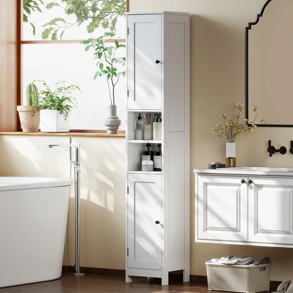 HOMCOM Dulap înalt și îngust pentru baie cu uși, rafturi deschise, 30 x 30 x 170 cm, Alb | Aosom Romania