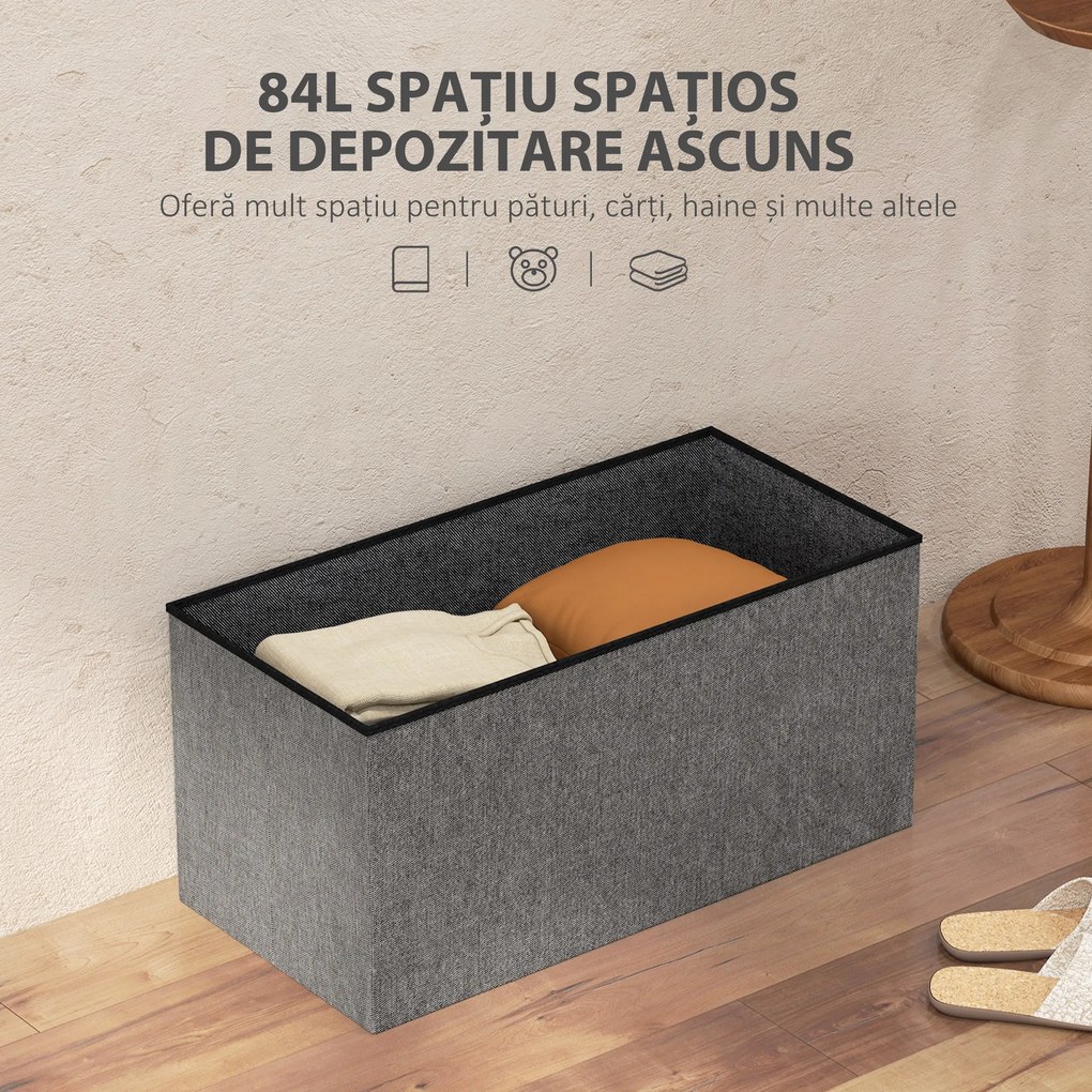 HOMCOM Bancă Cutie de Depozitare Pliabilă de 84L, Bancă de Pat cu Capac și Înveliș Textil, 76x38x38 cm, Gri Închis | Aosom Romania