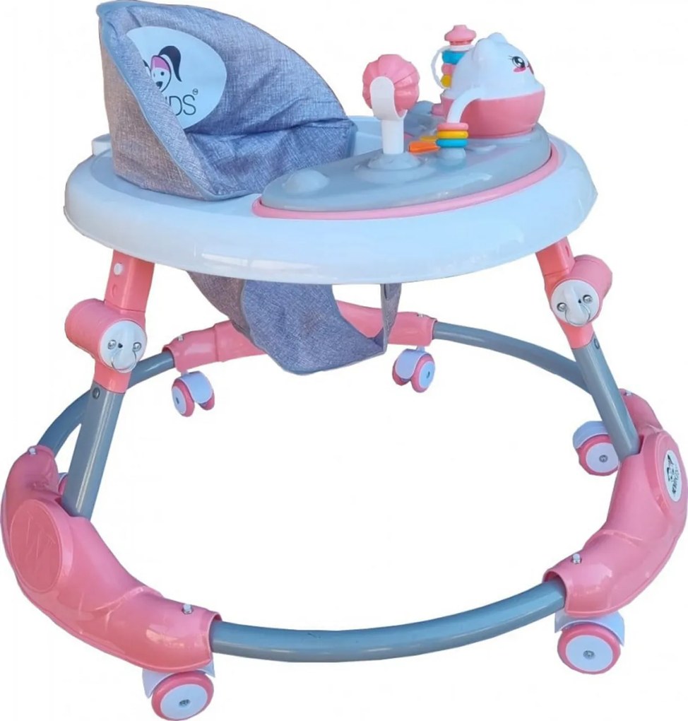 Premergator reglabil in 6 trepte de inaltime NOVOKIDS™ Little Kitty, Cu melodii, Pliabil, Max 20 kg, Roti silentioase, Model Pisicuta, Roz
