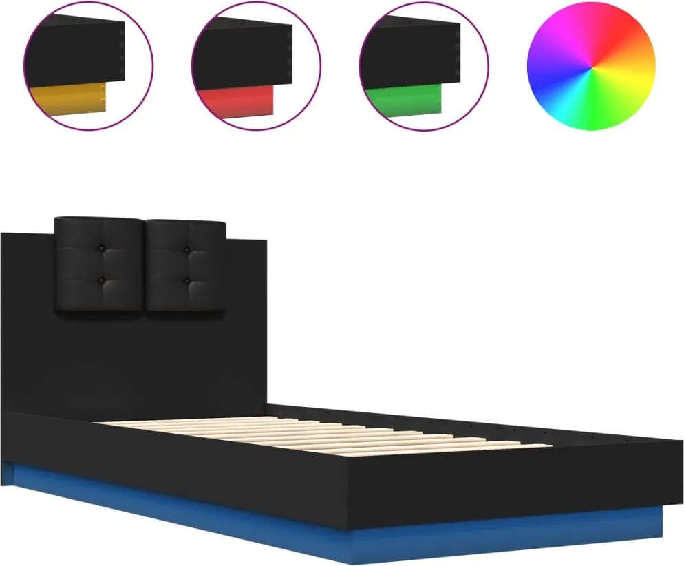 vidaXL Cadru de pat cu tăblie și lumini LED, negru, 100x200 cm