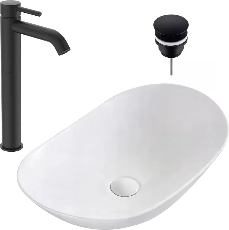 Pachet lavoar pe blat Rea Royal alb 62.5 cm, baterie lavoar Ideal Standard Ceraline negru si ventil lavoar Click-Clack D negru
