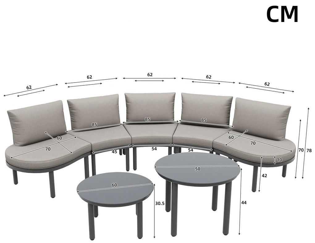 Set mobilier de grădină 5 locuri, 2 mese de cafea din sticlă securizată, perne și saltele confortabile, Gri