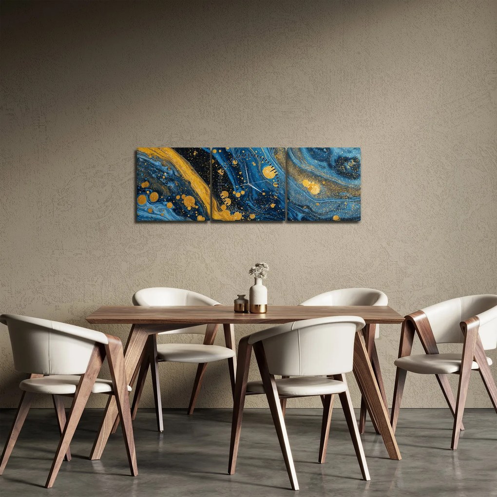 Tablou - Abstracție albastră cu aur (cu ceas) (90x30 cm)