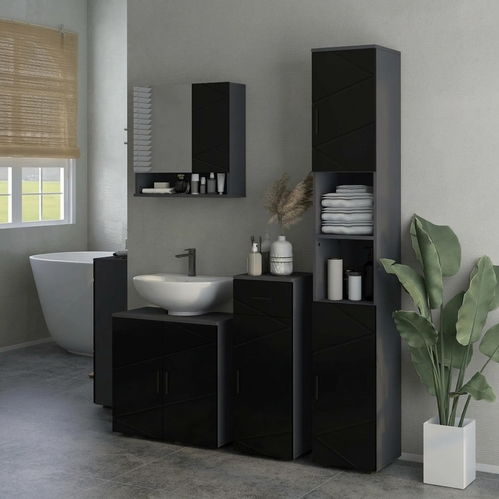Dulap Baie, Inalt de 183cm cu 2 rafturi deschise si doua dulapuri cu 2 nivele, 30x30x183cm, Negru kleankin | Aosom Romania