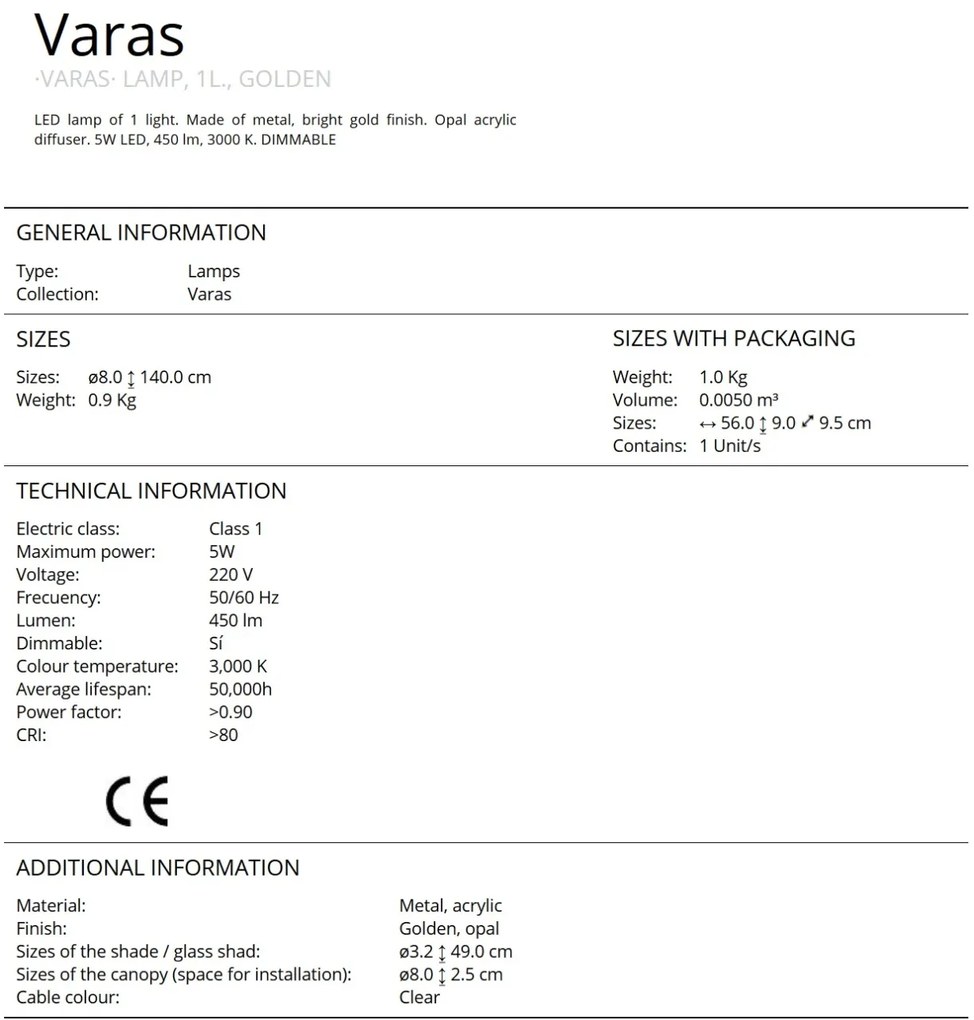 Pendul LED dimabil design modern minimalist Varas auriu SV-373091