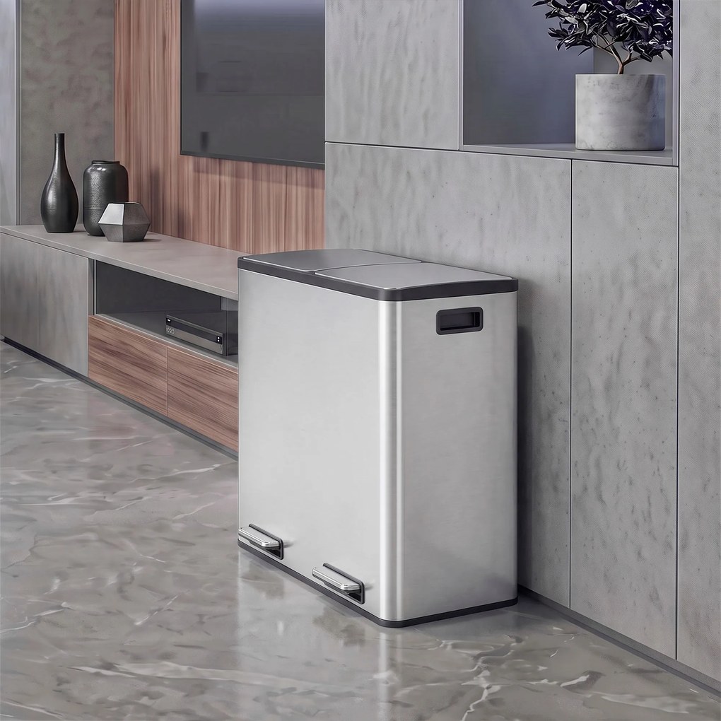 HOMCOM Coș de gunoi pentru bucătărie 2 x 30 L, cu pedală, din oțel inoxidabil, cu recipiente detașabile și închidere lentă, argintiu | Aosom Romania