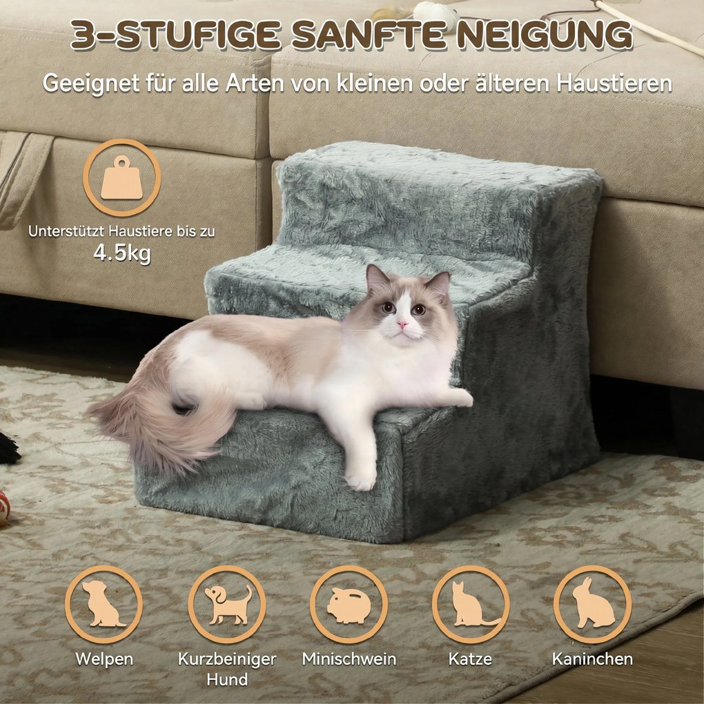 PawHut scară pentru câini cu 3 trepte, pentru câini și pisici de până la 4,5 kg, din catifea, husă detașabilă și lavabilă, gri deschis | Aosom Romania