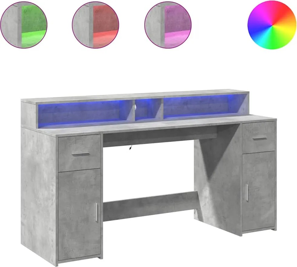 vidaXL Birou cu lumini LED, gri beton, 160x55x91 cm, lemn prelucrat