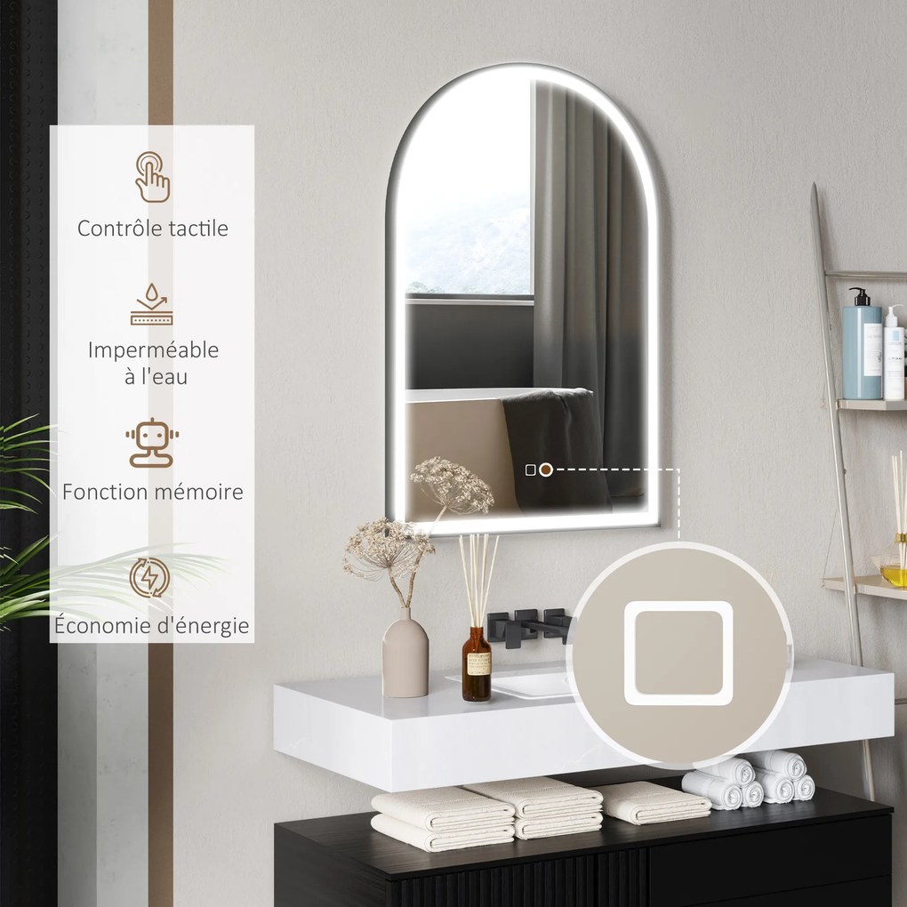HOMCOM Oglindă de baie cu LED-uri 90 x 60 cm, montată pe perete, 3 culori, arcuită cu cadru din aluminiu, funcție anti-întunecare și comutator tactil | Aosom Romania