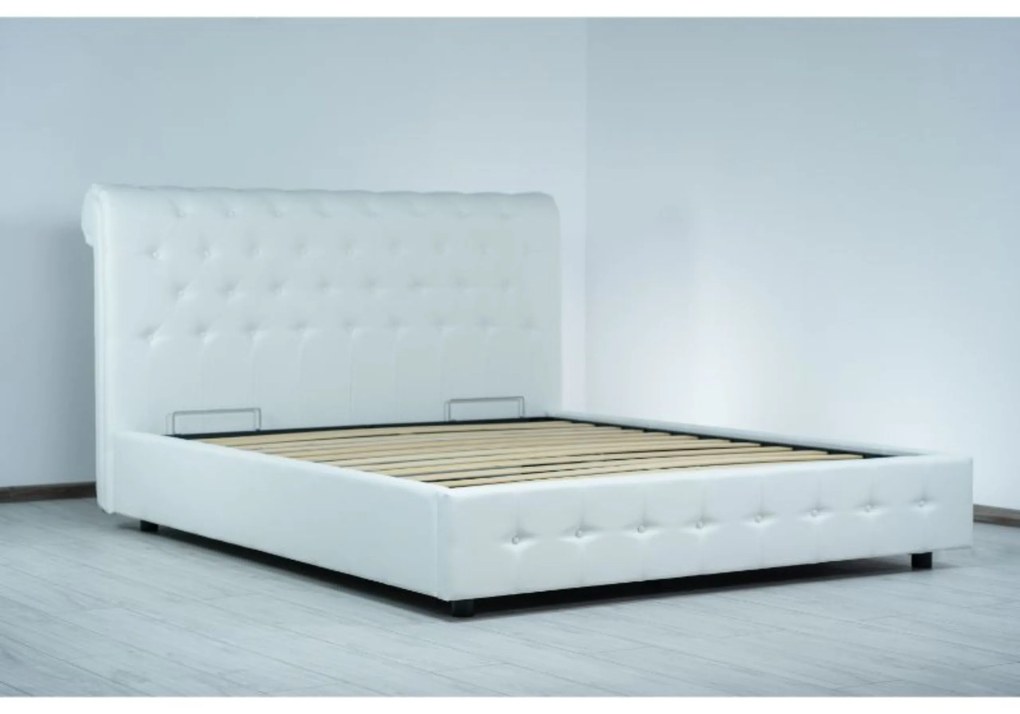 Pat tapitat Italflex Chester, piele ecologica, lada si somiera rabatabila, 160x200, Alb