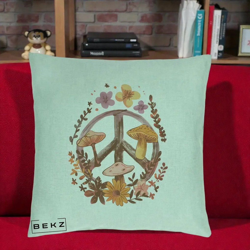 Perna Decorativa Peace Sign Ciuperci Floral, 40x40 cm, Verde Menta, Husa Detasabila, Perna Inclusa, BEKZ®