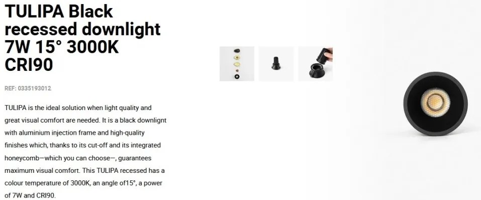 Spot LED incastrabil TULIPA Black recessed downlight 7W 15° 3000K CRI90