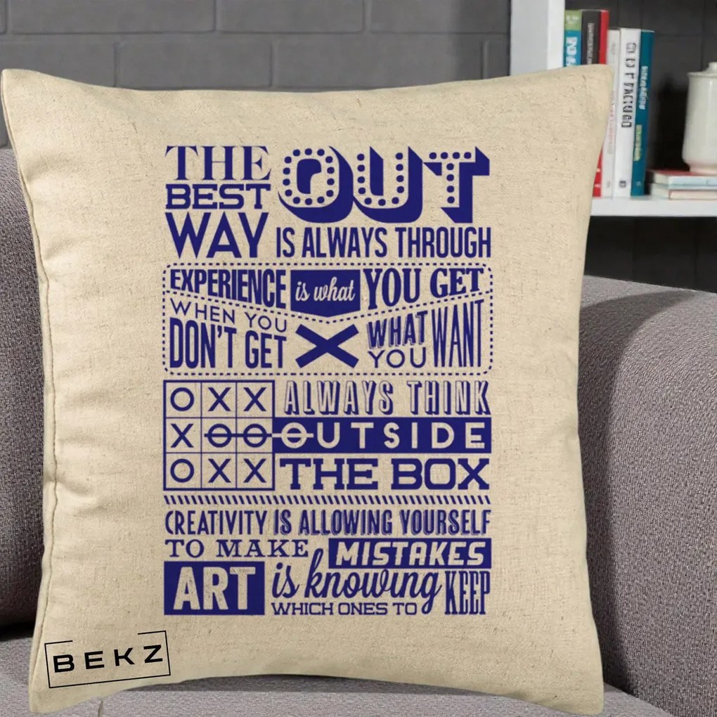 Perna Decorativa Citate Creativitate Albastru, 40x40 cm, Bej, Husa Detasabila, Perna Inclusa, BEKZ®