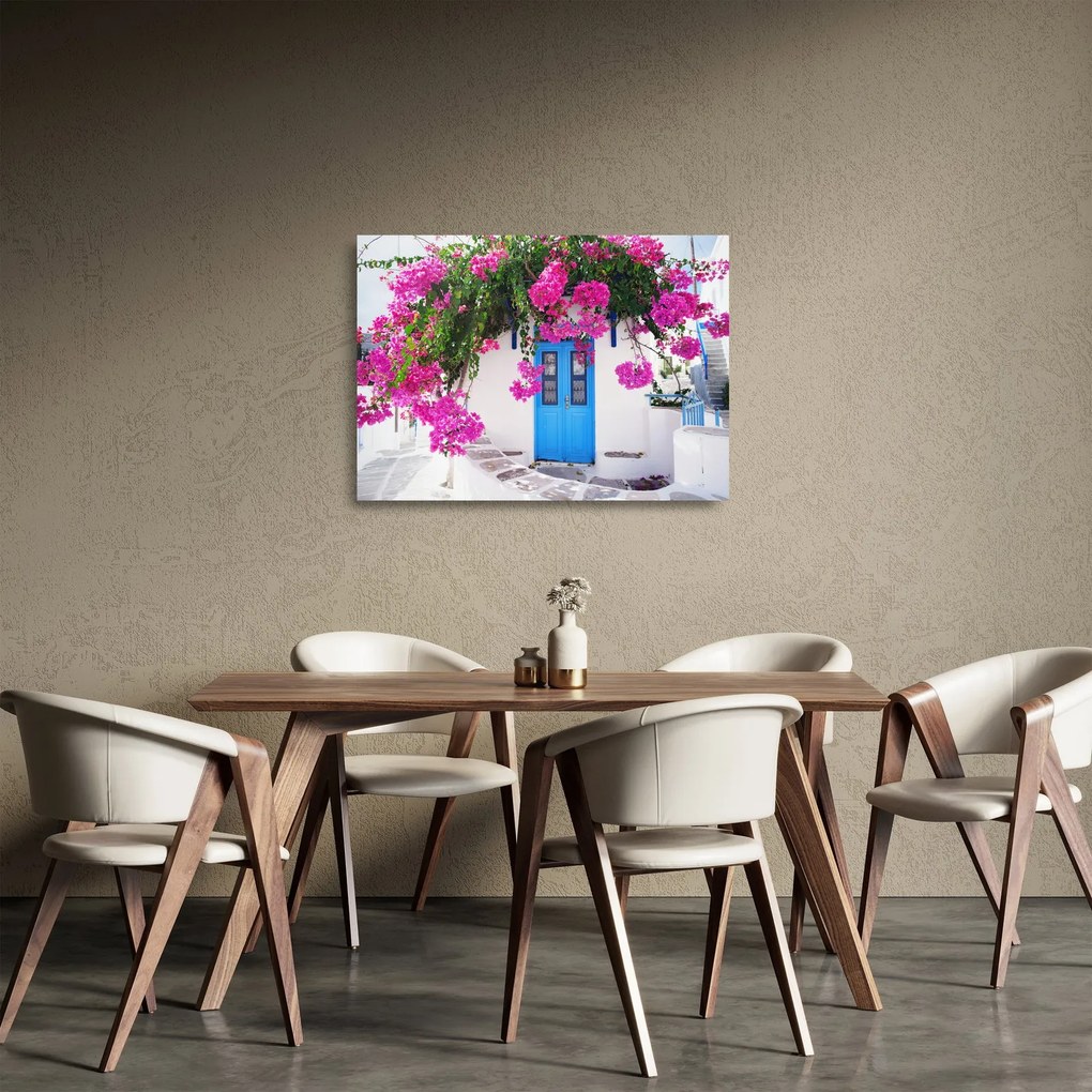 Tablou pe sticlă - Casă tradițională grecească (70x50 cm)