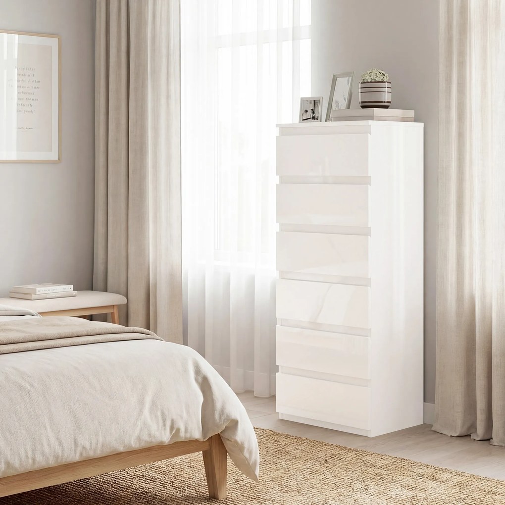 HOMCOM Comodă 6 sertare cu luciu înalt, mobilier de depozitare îngust fără mânere, 40 x 35 x 109 cm, alb | Aosom Romania