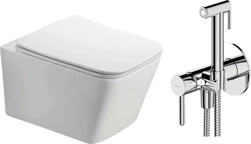 Pachet vas wc suspendat Fluminia Paris, capac softclose si set dus igiena intima crom cu baterie incastrata Omnires Y