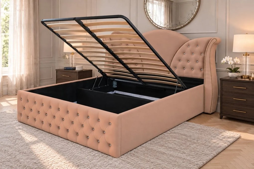 Pat tapițat Chesterfield din catifea Velora Cristal 140×200 cm, cappuccino, cu ladă de depozitare