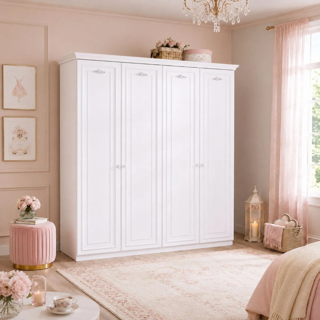 Dulap cu 4 usi, pentru copii si tineret Romantica White, 188x56x214 cm