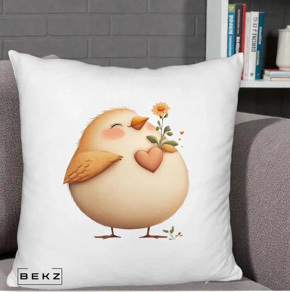Perna Decorativa Pui cu Inima si Floarea-Soarelui, 40x40 cm, Alb Pufos, Husa Detasabila, Perna Inclusa, BEKZ®