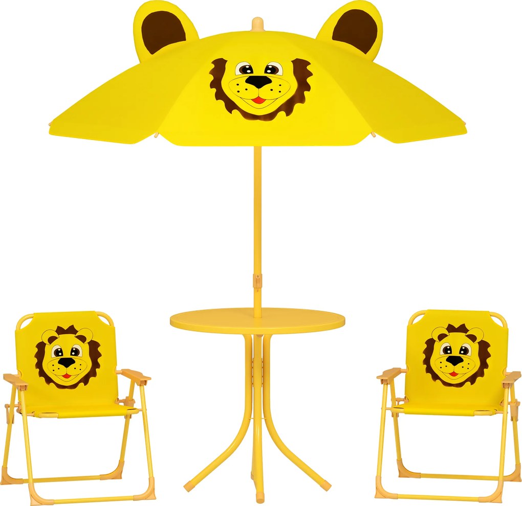 AIYAPLAY Mobilier de grădină pentru copii cu umbrelă de soare reglabilă, Set de picnic pentru copii cu 4 piese, Masă cu 2 scaune pliante, masă, Set de terasă cu model de leu pentru vârstele 2-5 ani, Galben | Aosom Romania