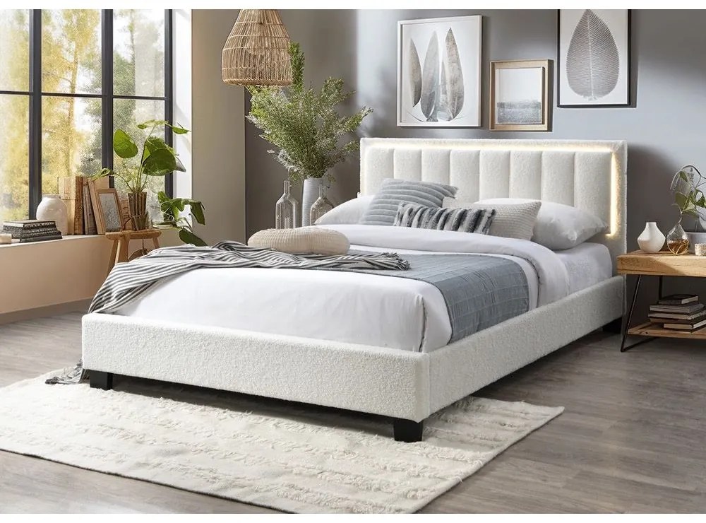 Pat tapitat Comfort 1 cu LED, 160x200, cadru din lemn cu somiera fixa, culoare Crem