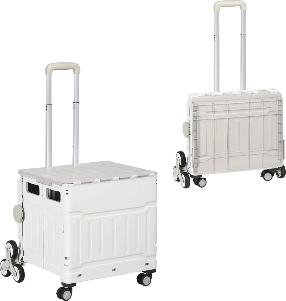 HOMCOM Cărucior Pliabil pentru Cumpărături cu Roți pentru Scări și Mâner Telescopic, Capacitate 80 kg, 51L, Cărucior din Aluminiu pentru Cumpărături și Camping, Alb, 52 x 48 x 100 cm | Aosom Romania