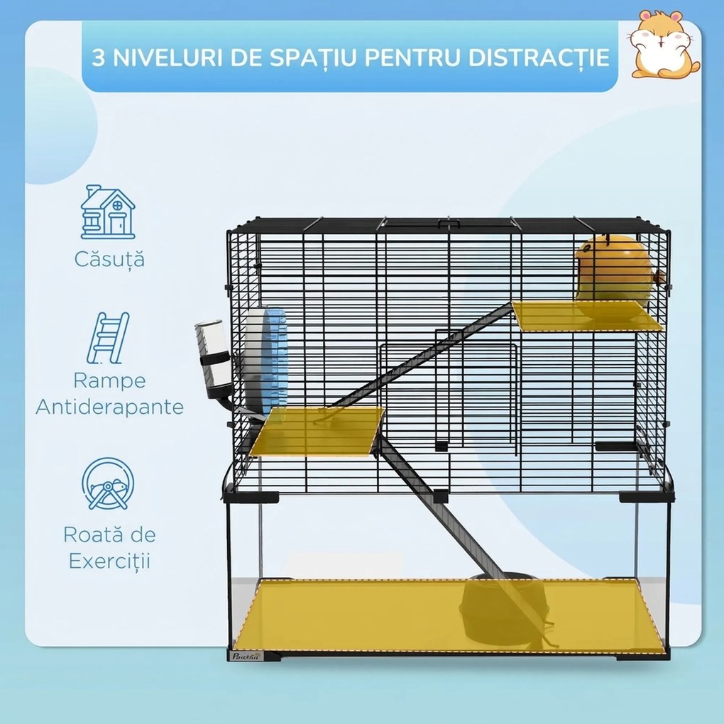 PawHut Cușcă pentru Hamsteri, Gerbili și Animale Mici din Fir de Otel și Sticlă cu Rotiță, 60x40x57 cm, Negru | Aosom Romania