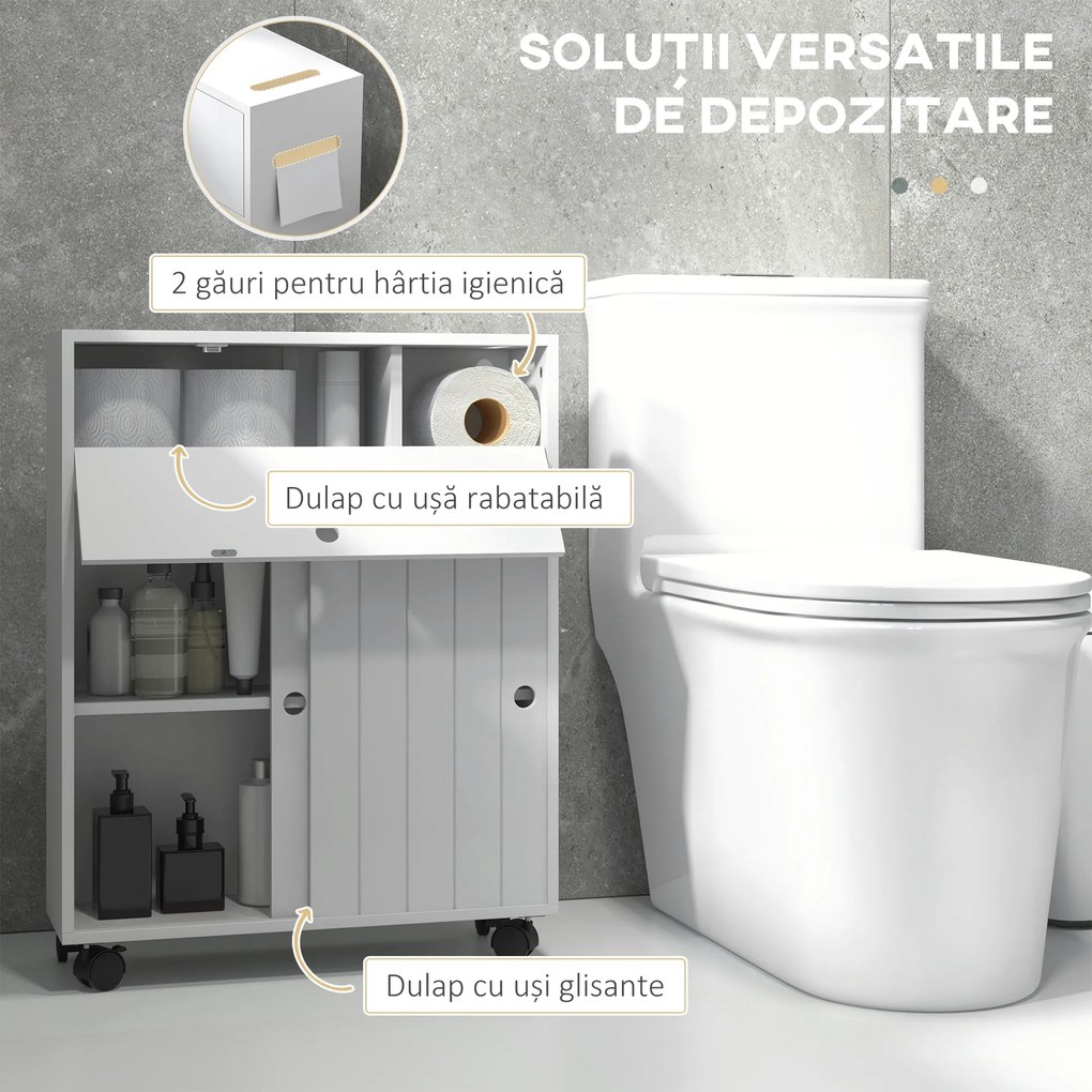 kleankin Corp de depozitare toaletă/baie cu locaș pentru hârtie igienică pe roți - 52 x 17 x 67 cm alb | Aosom Romania