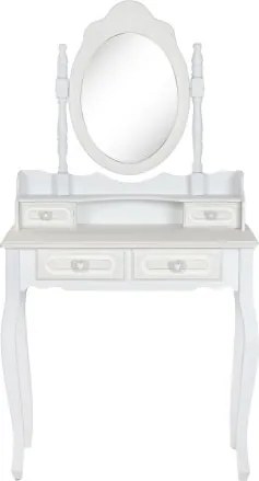 Masă de toaletă romantică din MDF alb, oglindă ovală detașabilă, 4 sertare, 75 x 42 x 140 cm, „Alima"