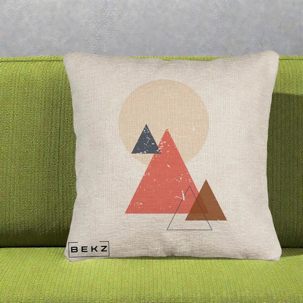 Perna Decorativa Geometric Munti si Soare, 40x40 cm, Bej Canapea, Husa Detasabila, Perna Inclusa, BEKZ®