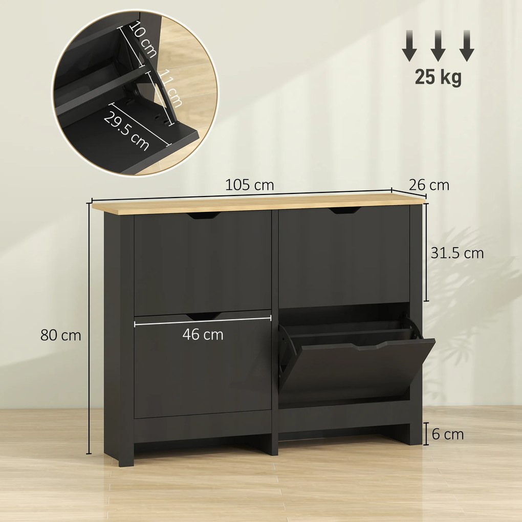 HOMCOM Dulap pentru pantofi 16 perechi, dulap cu 4 sertare rabatabile și polițe reglabile, negru și lemn natural | Aosom Romania