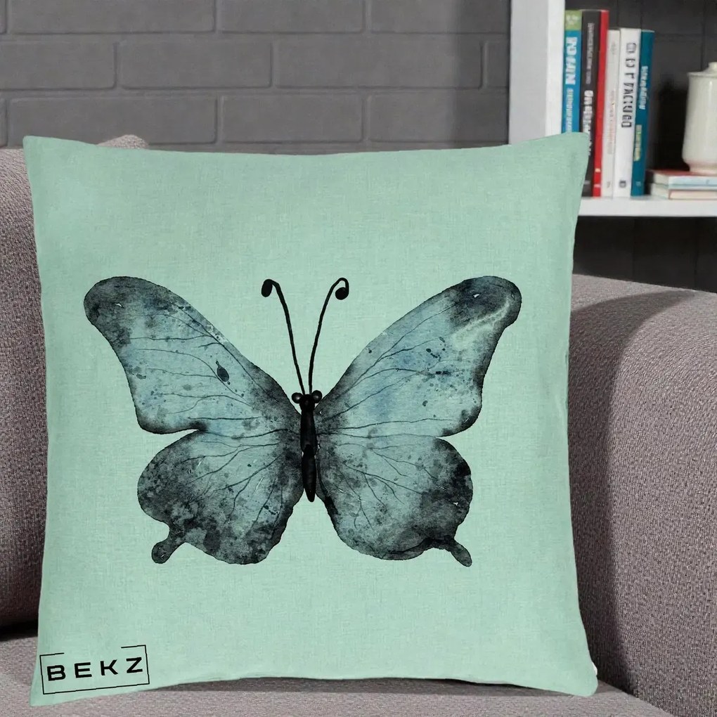 Perna Decorativa Fluture Acuarela Albastru-Gri, 40x40 cm, Verde Menta, Husa Detasabila, Perna Inclusa, BEKZ®