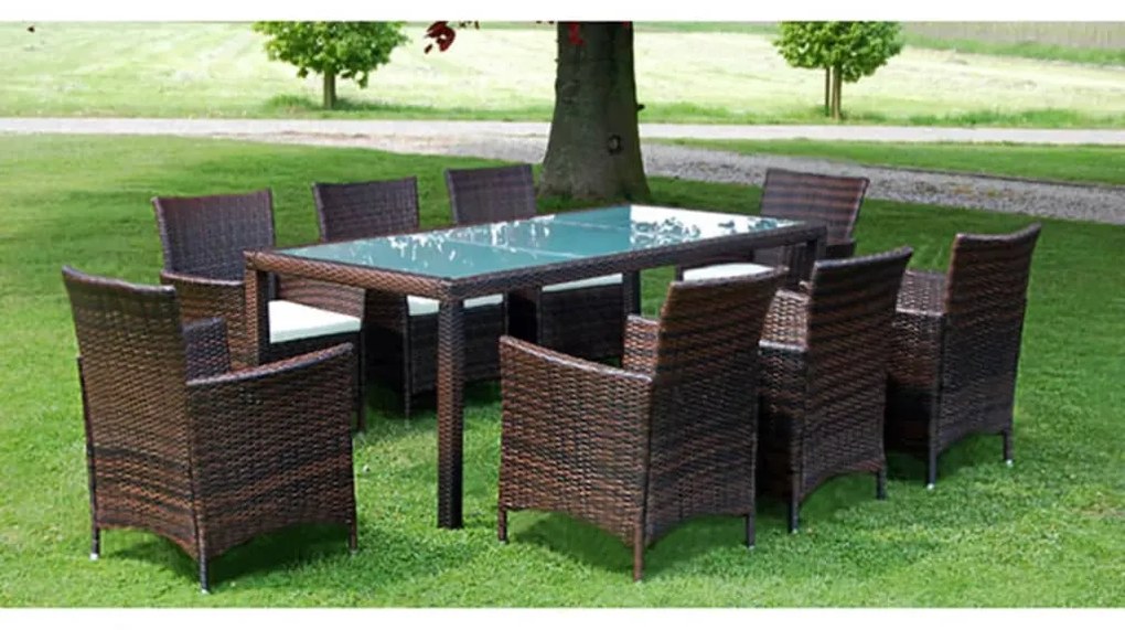 Set mobilier de exterior cu perne, 9 piese, maro, poliratan