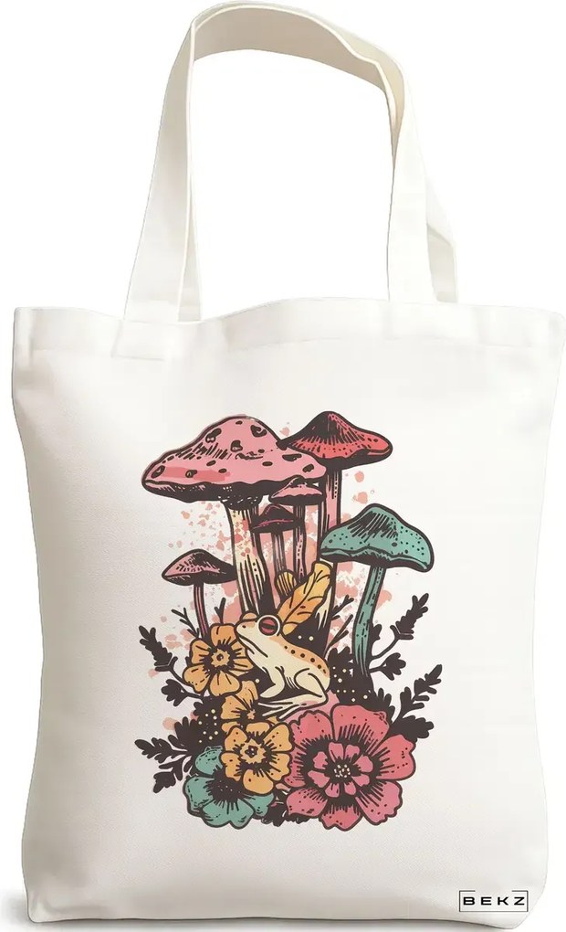 Sacosa de Panza pentru Cumparaturi, Geanta Tote Colorful Mushrooms, 38x34.5 cm, Alba, BEKZ®