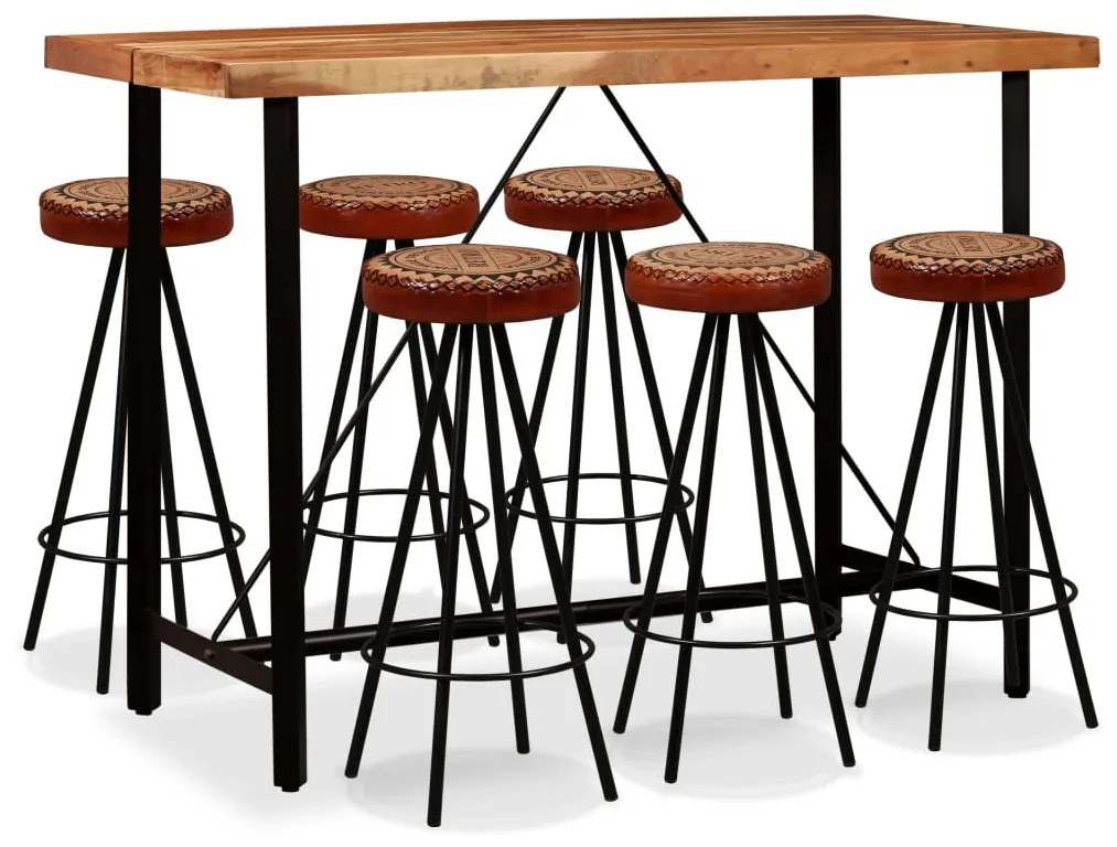 vidaXL Set bar, 7 piese, lemn masiv de acacia, piele naturală și pânză