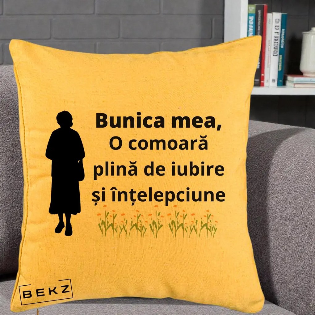 Cadou pentru Bunica - Perna Personalizata Bunica Mea Comoara Iubire Intelepciune Silueta cu Nepoata, 40x40 cm, Galben, Husa Detasabila, Perna Inclusa, BEKZ®