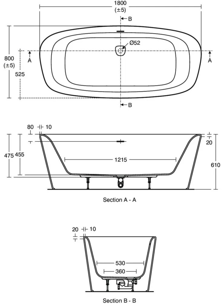 Cada freestanding, 180x80 cm, alba 1800x800 mm