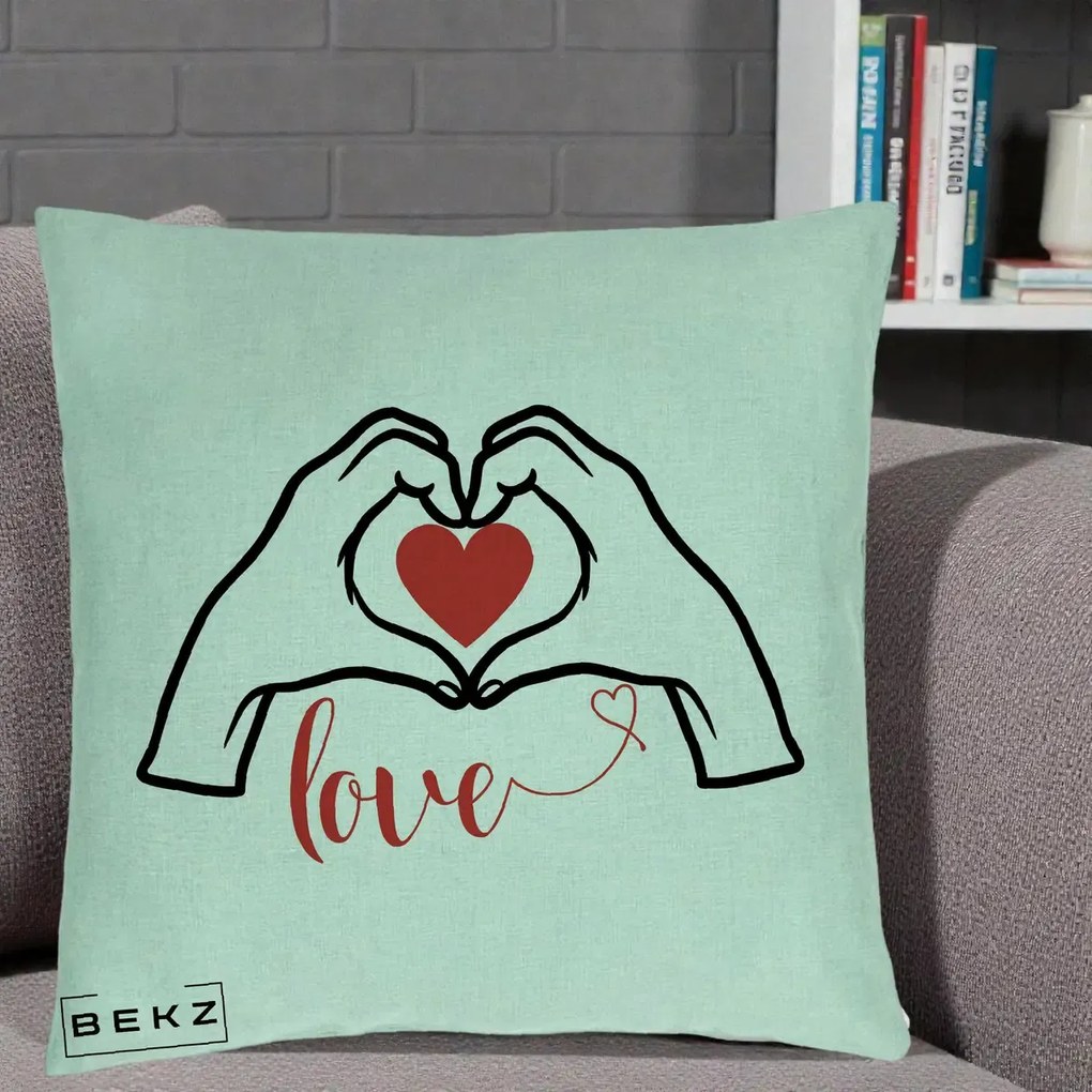 Perna Decorativa Love Maini Inima cu Inscriptie Love Rosu, 40x40 cm, Verde Menta, Husa Detasabila, Perna Inclusa, BEKZ®