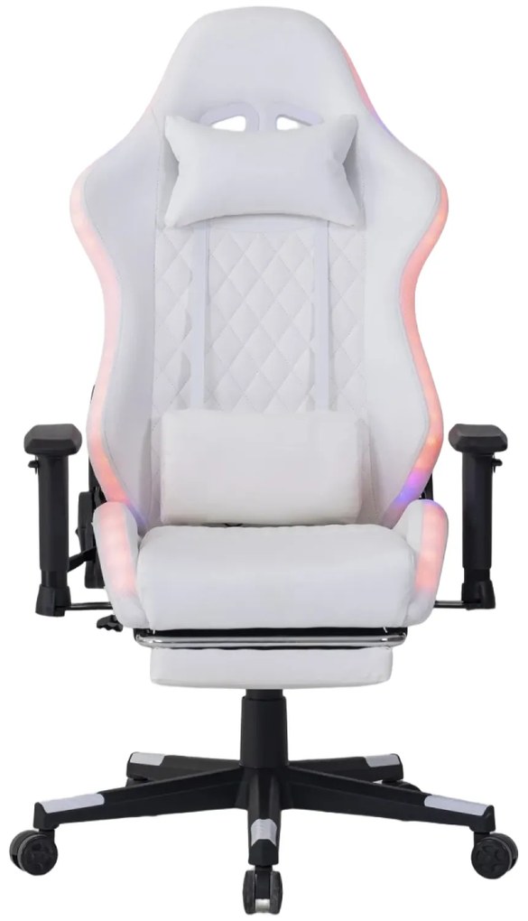 Scaun gaming cu sistem iluminare bandă LED RGB, cotiere 2D, Suport picioare, funcție sezlong, Alb